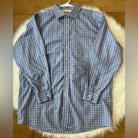 Roundtree & Yorke Gold Label Men’s Dress Shirt Blue Plaid 16.5 34 Non-Iron - Picture 2 of 3